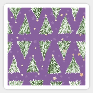 Holiday christmas tree over purple orchid background with yellow stars Sticker